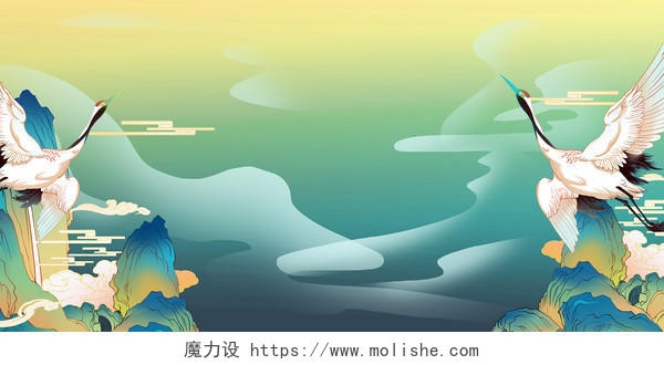 绿色中国风山水仙鹤国潮海报素材背景